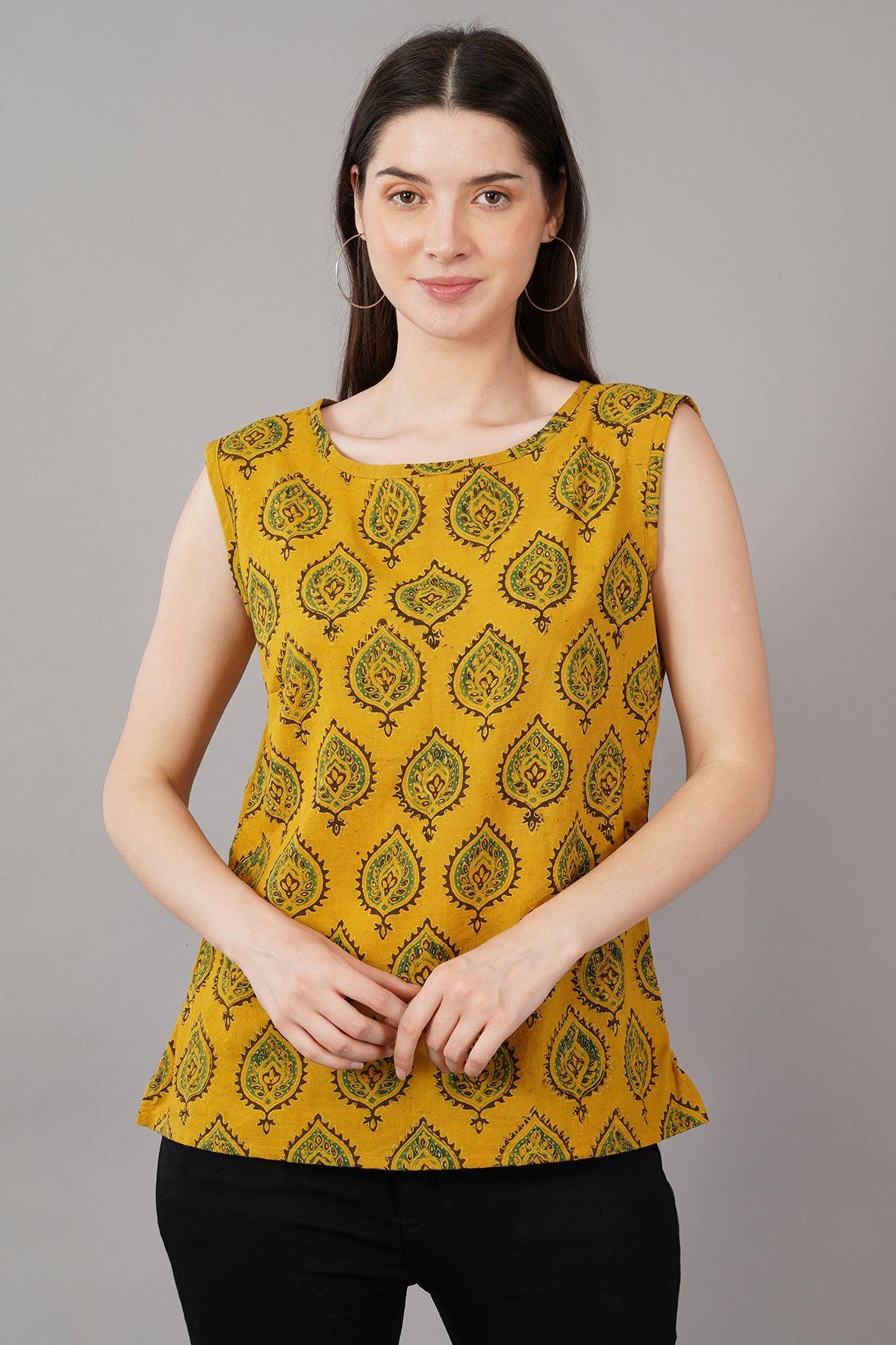 Yellow Ajrak Print Slim Fit Top Navsyaa