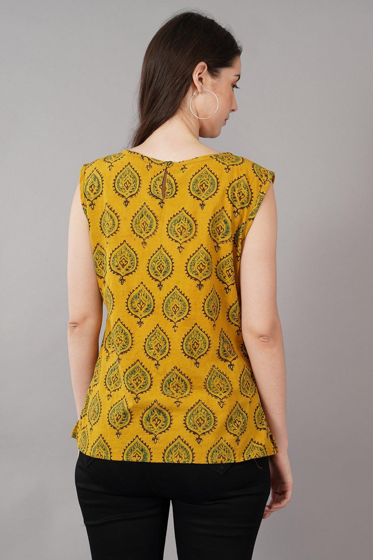 Yellow Ajrak Print Slim Fit Top Navsyaa