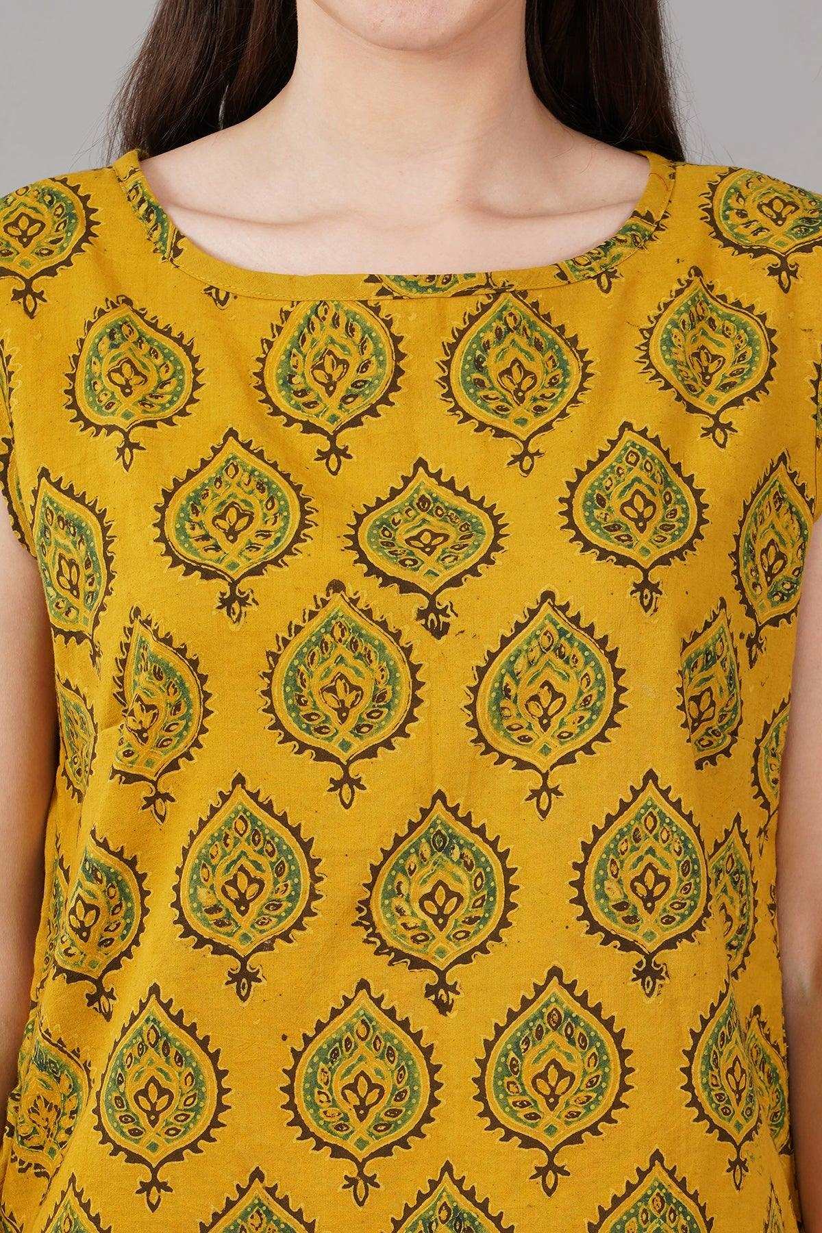 Yellow Ajrak Print Slim Fit Top Navsyaa