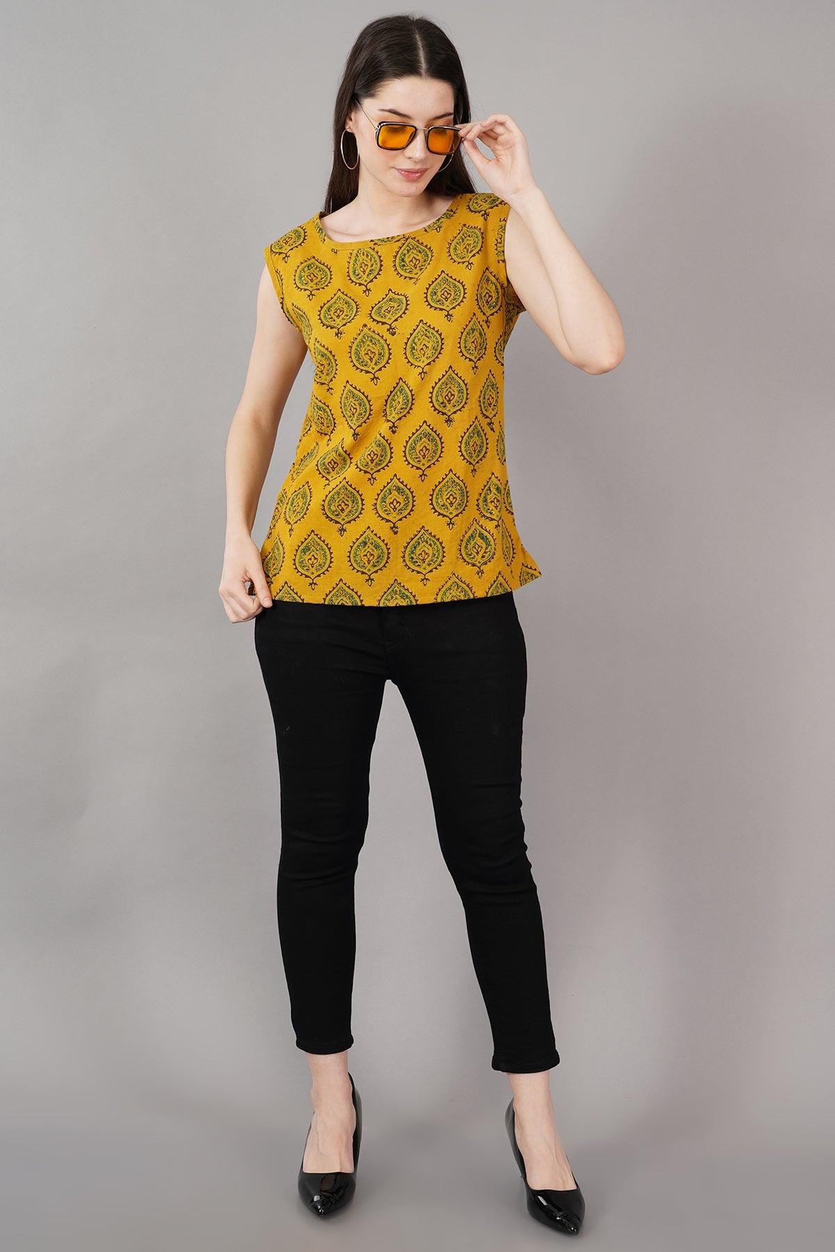 Yellow Ajrak Print Slim Fit Top Navsyaa