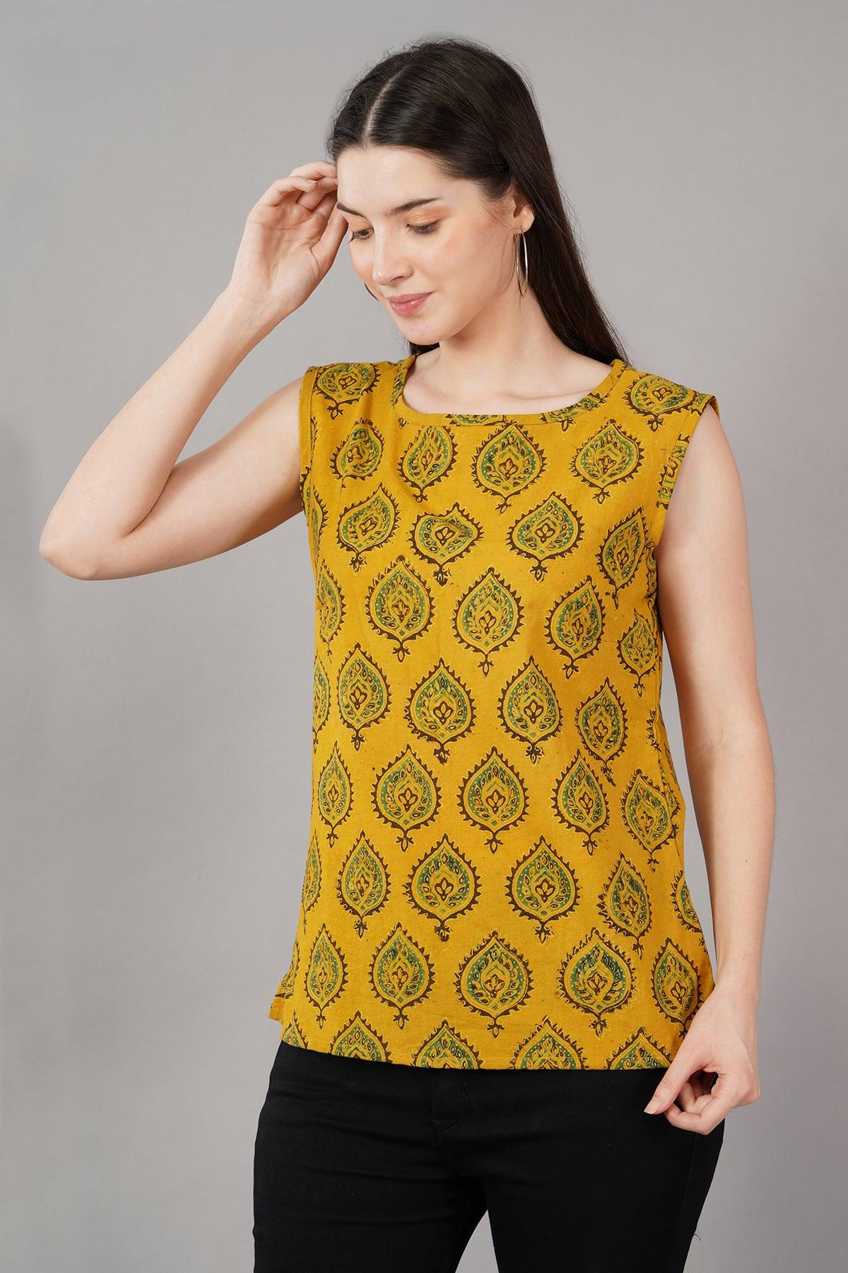 Yellow Ajrak Print Slim Fit Top Navsyaa