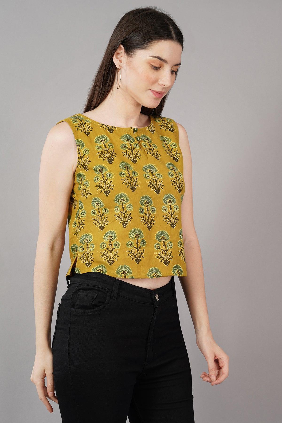 Yellow Ajrak Print Slim Fit crop Top Navsyaa