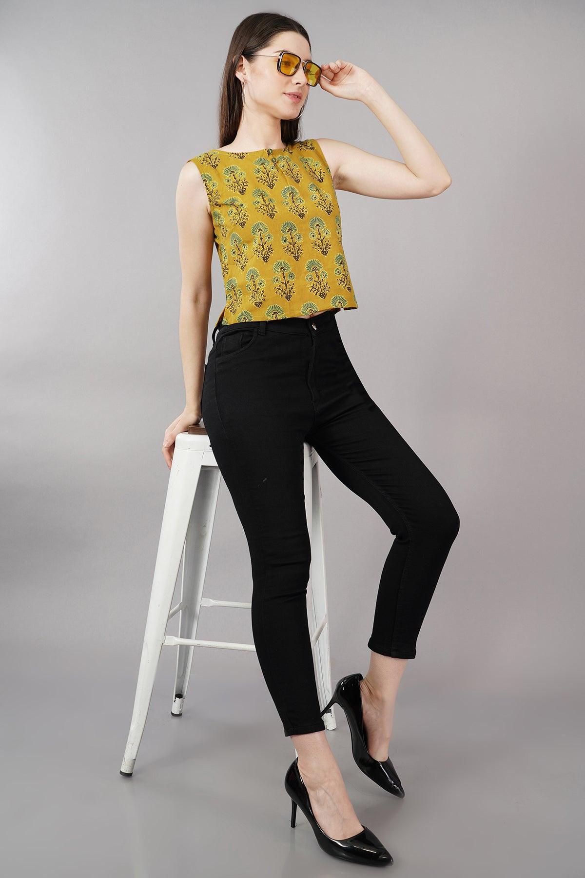 Yellow Ajrak Print Slim Fit crop Top Navsyaa