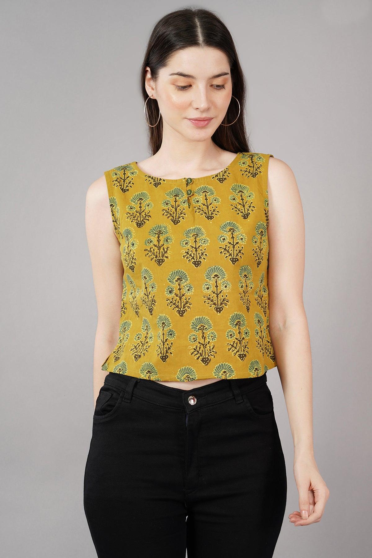 Yellow Ajrak Print Slim Fit crop Top Navsyaa