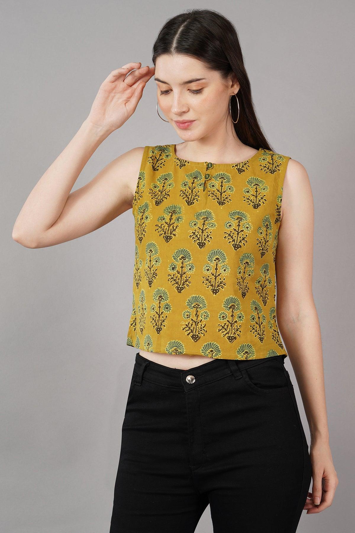 Yellow Ajrak Print Slim Fit crop Top Navsyaa